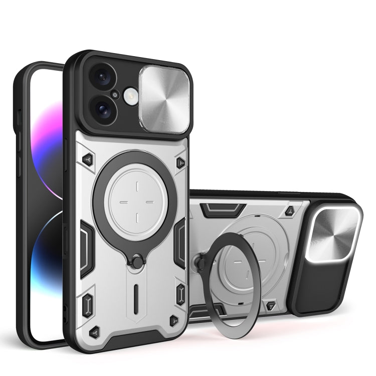 For iPhone 16 CD Texture Sliding Camshield Magnetic Holder Phone Case(Silver) - iPhone 16 Cases by PMC TechLife | Online Shopping South Africa | PMC TechLife | Buy Now Pay Later Mobicred