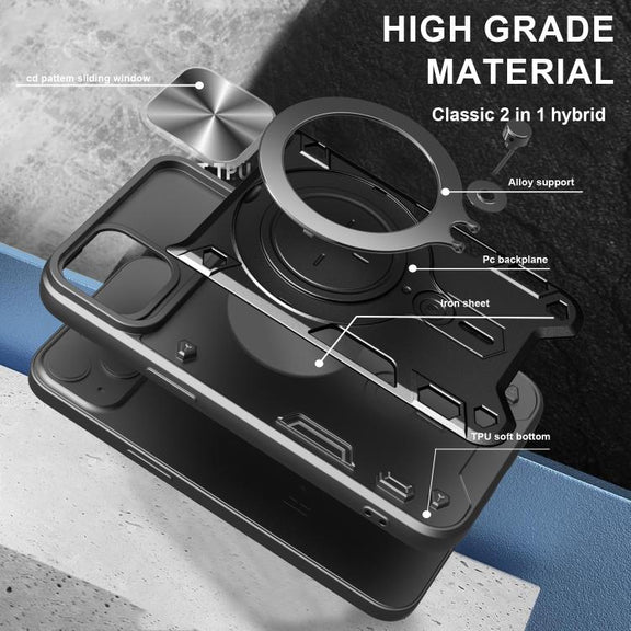 For iPhone 16e CD Texture Sliding Camshield Magnetic Holder Phone Case(Silver)