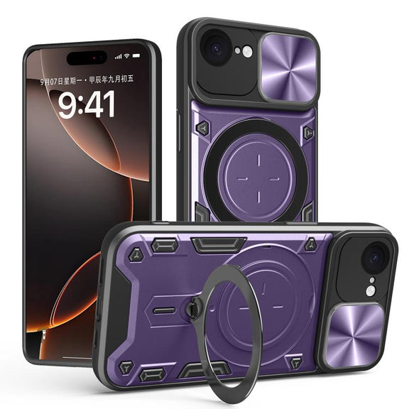 For iPhone 16e CD Texture Sliding Camshield Magnetic Holder Phone Case(Purple)