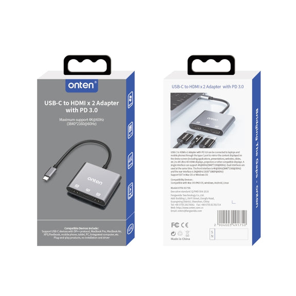 Onten 9175S 3 in 1 USB-C / Type-C to HDMI Adapter(Grey)