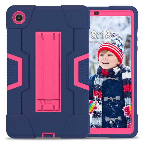 For Lenovo Tab M8 4th Gen Contrast Color Silicone Hybrid PC Tablet Case with Holder(Navy Blue Rose Red)