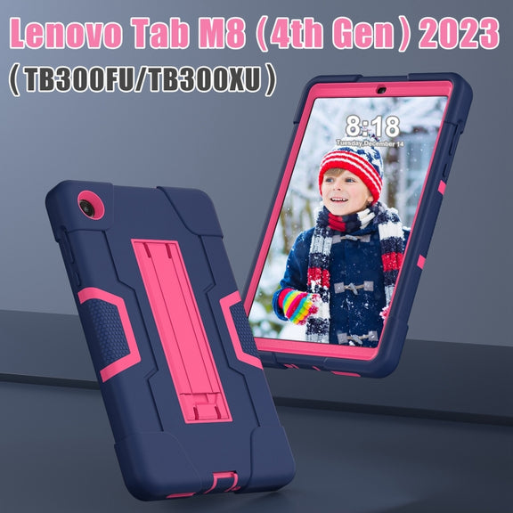 For Lenovo Tab M8 4th Gen Contrast Color Silicone Hybrid PC Tablet Case with Holder(Navy Blue Rose Red)