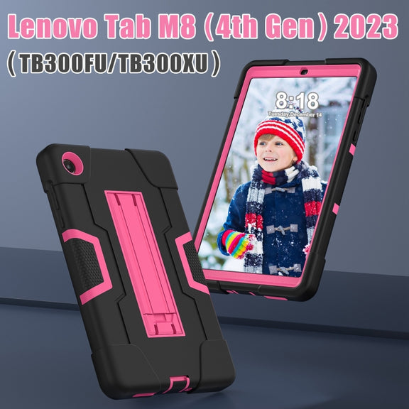 For Lenovo Tab M8 4th Gen Contrast Color Silicone Hybrid PC Tablet Case with Holder(Black Rose Red)