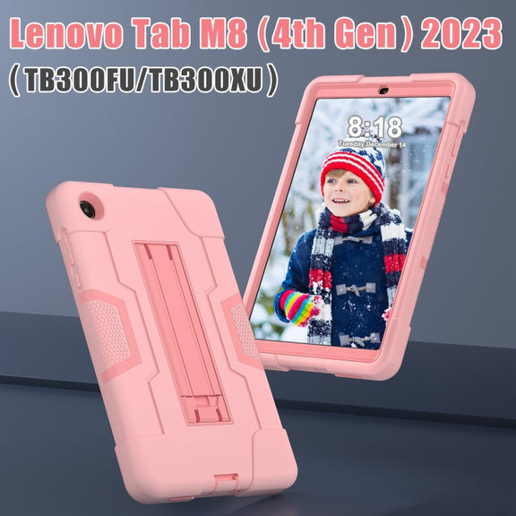 For Lenovo Tab M8 4th Gen Contrast Color Silicone Hybrid PC Tablet Case with Holder(Rose Gold)