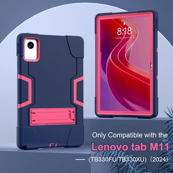 For Lenovo Tab M11/ Xiaoxin Pad 11 2024 Contrast Color Silicone Hybrid PC Tablet Case with Holder(Navy Blue Rose Red)