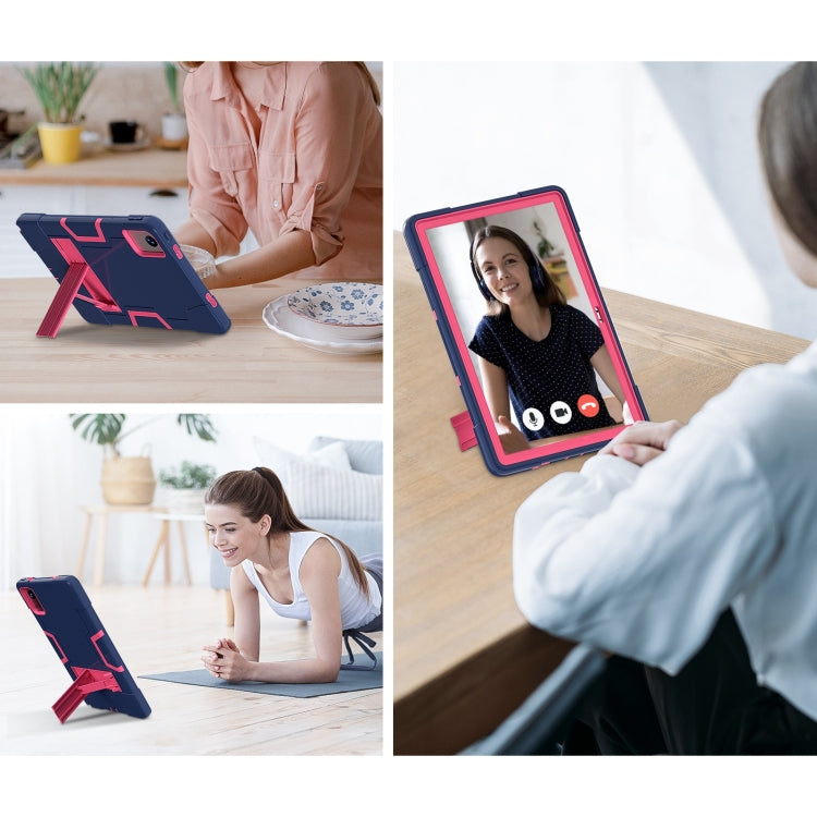 For Lenovo Tab M11/ Xiaoxin Pad 11 2024 Contrast Color Silicone Hybrid PC Tablet Case with Holder(Navy Blue Rose Red)