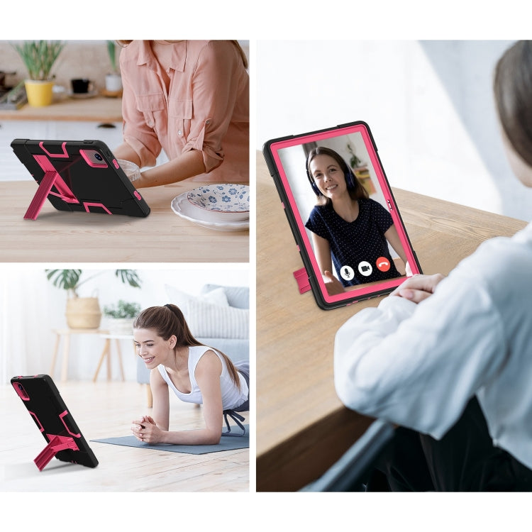 For Lenovo Tab M11/ Xiaoxin Pad 11 2024 Contrast Color Silicone Hybrid PC Tablet Case with Holder(Black Rose Red)