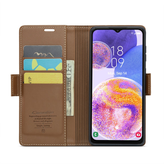 For Samsung Galaxy A23 CaseMe 023 Butterfly Buckle Litchi Texture RFID Anti-theft Leather Phone Case(Brown)