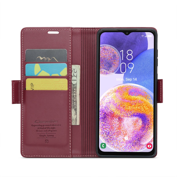 For Samsung Galaxy A23 CaseMe 023 Butterfly Buckle Litchi Texture RFID Anti-theft Leather Phone Case(Wine Red)
