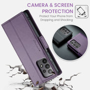 For Samsung Galaxy A23 CaseMe 023 Butterfly Buckle Litchi Texture RFID Anti-theft Leather Phone Case(Pearly Purple)