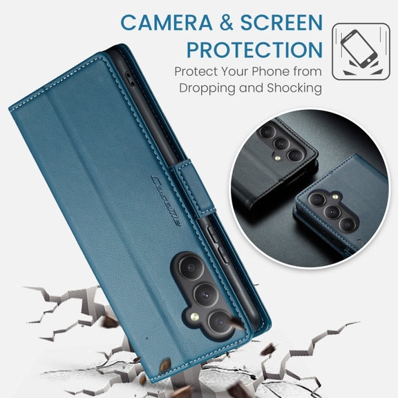 For Samsung Galaxy A34 5G CaseMe 023 Butterfly Buckle Litchi Texture RFID Anti-theft Leather Phone Case(Blue)