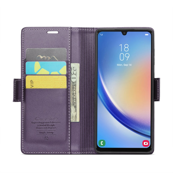 For Samsung Galaxy A34 5G CaseMe 023 Butterfly Buckle Litchi Texture RFID Anti-theft Leather Phone Case(Pearly Purple)