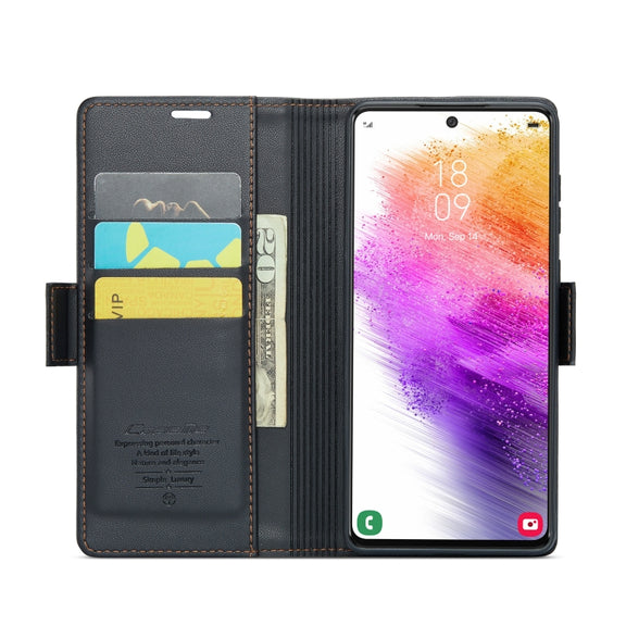 For Samsung Galaxy A73 5G CaseMe 023 Butterfly Buckle Litchi Texture RFID Anti-theft Leather Phone Case(Black)