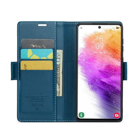 For Samsung Galaxy A73 5G CaseMe 023 Butterfly Buckle Litchi Texture RFID Anti-theft Leather Phone Case(Blue)