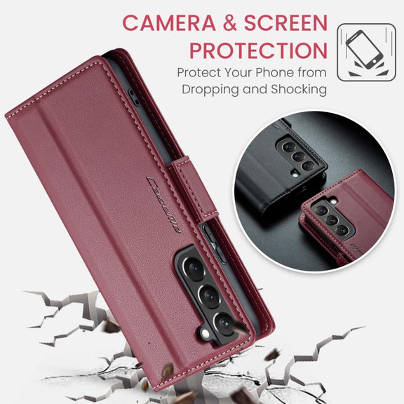 For Samsung Galaxy S22 5G CaseMe 023 Butterfly Buckle Litchi Texture RFID Anti-theft Leather Phone Case(Wine Red)