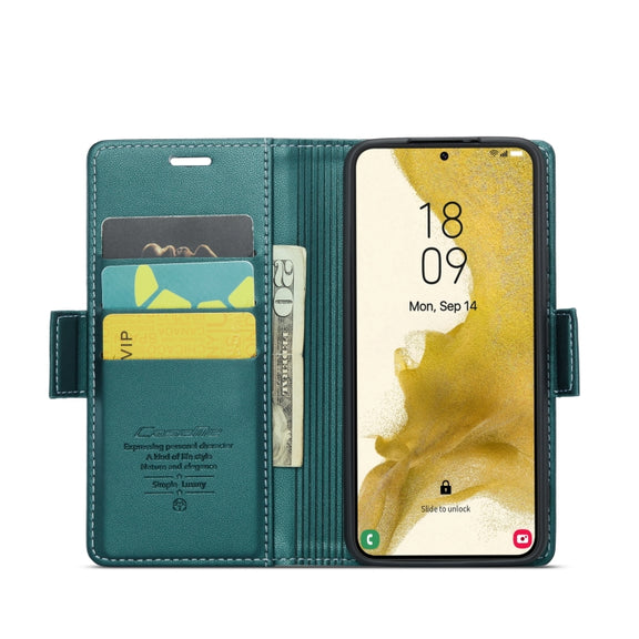 For Samsung Galaxy S22 5G CaseMe 023 Butterfly Buckle Litchi Texture RFID Anti-theft Leather Phone Case(Pearly Blue)