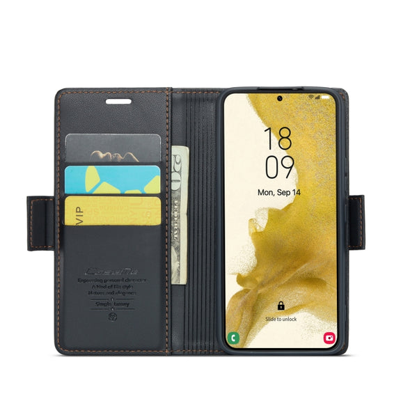 For Samsung Galaxy S22+ 5G CaseMe 023 Butterfly Buckle Litchi Texture RFID Anti-theft Leather Phone Case(Black)