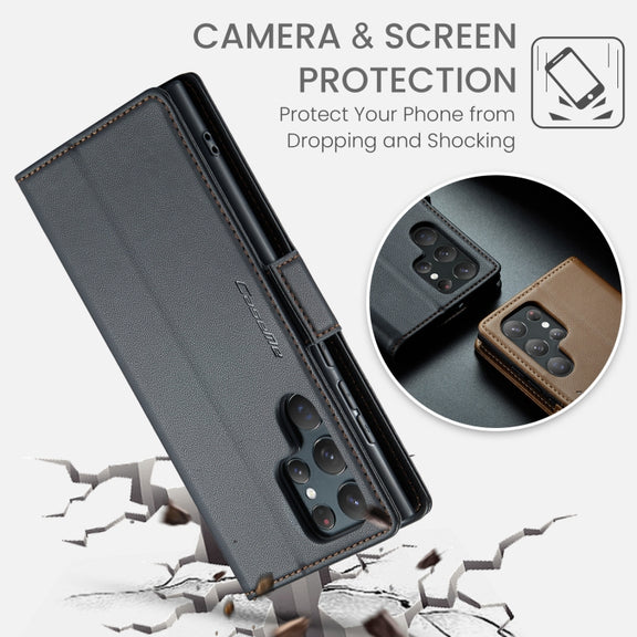 For Samsung Galaxy S22 Ultra 5G CaseMe 023 Butterfly Buckle Litchi Texture RFID Anti-theft Leather Phone Case(Black)