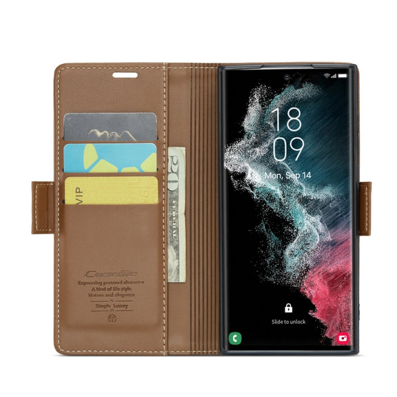For Samsung Galaxy S22 Ultra 5G CaseMe 023 Butterfly Buckle Litchi Texture RFID Anti-theft Leather Phone Case(Brown)