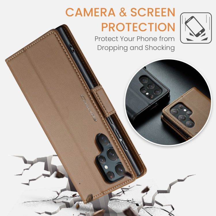 For Samsung Galaxy S22 Ultra 5G CaseMe 023 Butterfly Buckle Litchi Texture RFID Anti-theft Leather Phone Case(Brown)