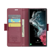 For Samsung Galaxy S22 Ultra 5G CaseMe 023 Butterfly Buckle Litchi Texture RFID Anti-theft Leather Phone Case(Wine Red)