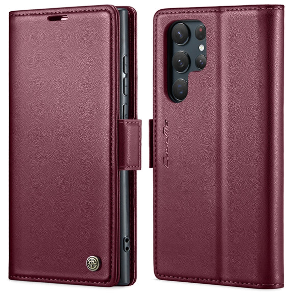 For Samsung Galaxy S22 Ultra 5G CaseMe 023 Butterfly Buckle Litchi Texture RFID Anti-theft Leather Phone Case(Wine Red)