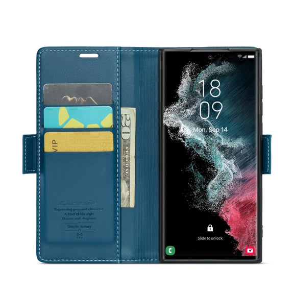 For Samsung Galaxy S22 Ultra 5G CaseMe 023 Butterfly Buckle Litchi Texture RFID Anti-theft Leather Phone Case(Blue)