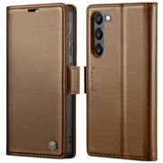 For Samsung Galaxy S23 5G CaseMe 023 Butterfly Buckle Litchi Texture RFID Anti-theft Leather Phone Case(Brown)