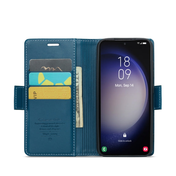 For Samsung Galaxy S23 5G CaseMe 023 Butterfly Buckle Litchi Texture RFID Anti-theft Leather Phone Case(Blue)