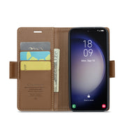 For Samsung Galaxy S23+ 5G CaseMe 023 Butterfly Buckle Litchi Texture RFID Anti-theft Leather Phone Case(Brown)