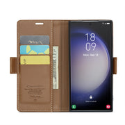 For Samsung Galaxy S23 Ultra 5G CaseMe 023 Butterfly Buckle Litchi Texture RFID Anti-theft Leather Phone Case(Brown)
