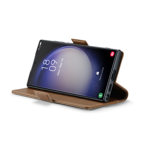 For Samsung Galaxy S23 Ultra 5G CaseMe 023 Butterfly Buckle Litchi Texture RFID Anti-theft Leather Phone Case(Brown)