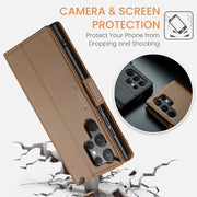 For Samsung Galaxy S23 Ultra 5G CaseMe 023 Butterfly Buckle Litchi Texture RFID Anti-theft Leather Phone Case(Brown)