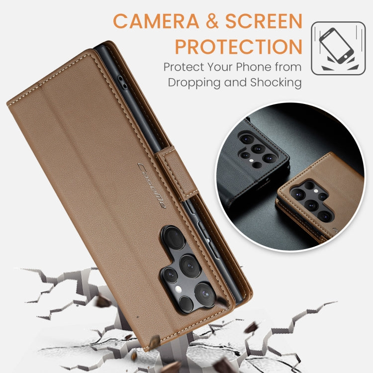 For Samsung Galaxy S23 Ultra 5G CaseMe 023 Butterfly Buckle Litchi Texture RFID Anti-theft Leather Phone Case(Brown)