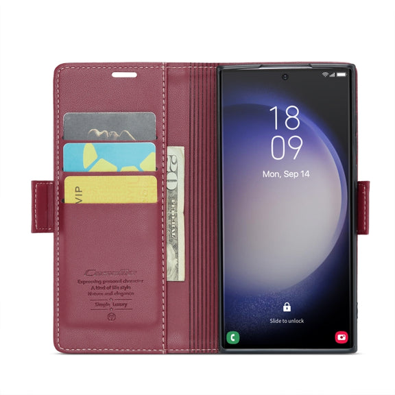 For Samsung Galaxy S23 Ultra 5G CaseMe 023 Butterfly Buckle Litchi Texture RFID Anti-theft Leather Phone Case(Wine Red)