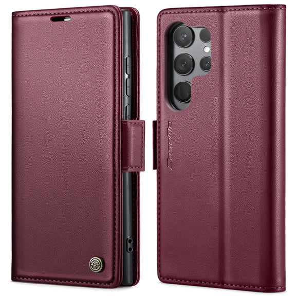 For Samsung Galaxy S23 Ultra 5G CaseMe 023 Butterfly Buckle Litchi Texture RFID Anti-theft Leather Phone Case(Wine Red)