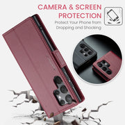 For Samsung Galaxy S23 Ultra 5G CaseMe 023 Butterfly Buckle Litchi Texture RFID Anti-theft Leather Phone Case(Wine Red)