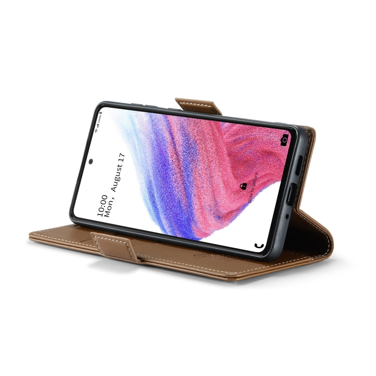 For Samsung Galaxy A53 CaseMe 023 Butterfly Buckle Litchi Texture RFID Anti-theft Leather Phone Case(Brown)