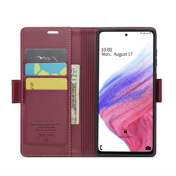 For Samsung Galaxy A53 CaseMe 023 Butterfly Buckle Litchi Texture RFID Anti-theft Leather Phone Case(Wine Red)