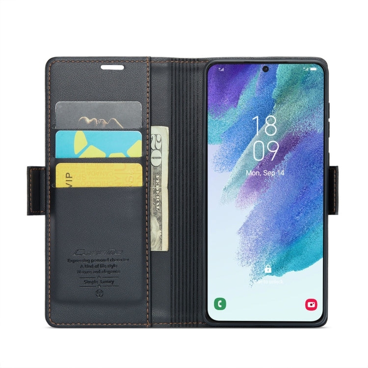 For Samsung Galaxy S21 FE 5G CaseMe 023 Butterfly Buckle Litchi Texture RFID Anti-theft Leather Phone Case(Black)