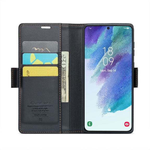 For Samsung Galaxy S21 FE 5G CaseMe 023 Butterfly Buckle Litchi Texture RFID Anti-theft Leather Phone Case(Black)