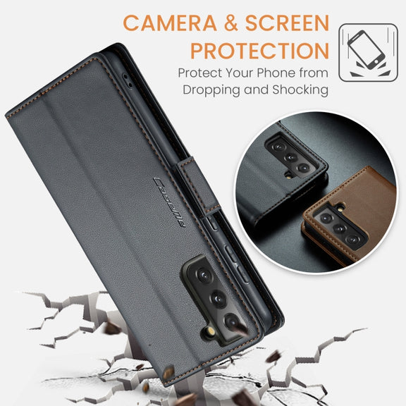 For Samsung Galaxy S21 FE 5G CaseMe 023 Butterfly Buckle Litchi Texture RFID Anti-theft Leather Phone Case(Black)