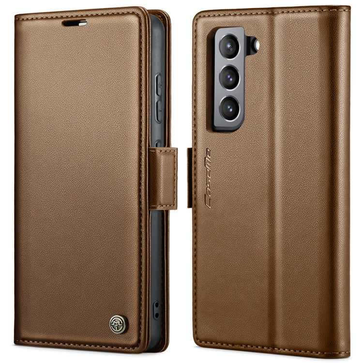 For Samsung Galaxy S21 FE 5G CaseMe 023 Butterfly Buckle Litchi Texture RFID Anti-theft Leather Phone Case(Brown) - free shipping - PMC TechLife - Order now!