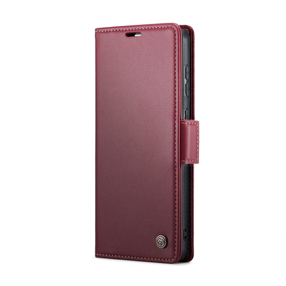 For Samsung Galaxy S21 FE 5G CaseMe 023 Butterfly Buckle Litchi Texture RFID Anti-theft Leather Phone Case(Wine Red)