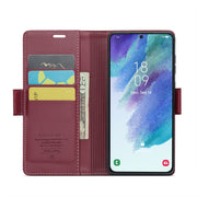 For Samsung Galaxy S21 FE 5G CaseMe 023 Butterfly Buckle Litchi Texture RFID Anti-theft Leather Phone Case(Wine Red)