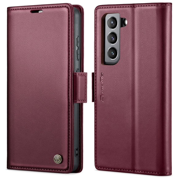 For Samsung Galaxy S21 FE 5G CaseMe 023 Butterfly Buckle Litchi Texture RFID Anti-theft Leather Phone Case(Wine Red)