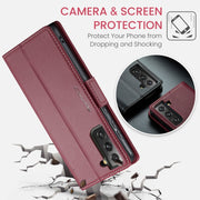 For Samsung Galaxy S21 FE 5G CaseMe 023 Butterfly Buckle Litchi Texture RFID Anti-theft Leather Phone Case(Wine Red)