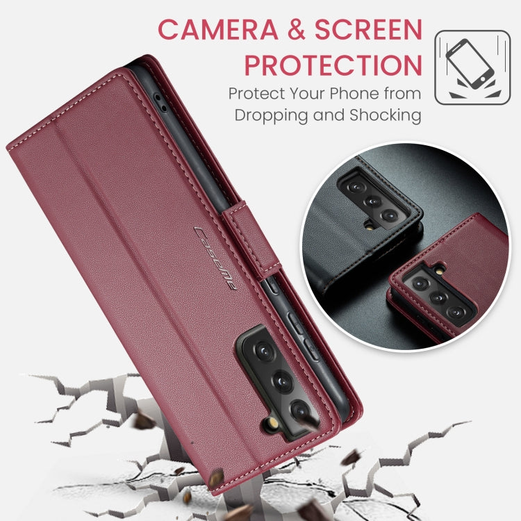 For Samsung Galaxy S21 FE 5G CaseMe 023 Butterfly Buckle Litchi Texture RFID Anti-theft Leather Phone Case(Wine Red)