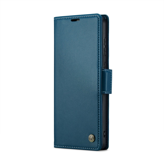 For Samsung Galaxy S21 FE 5G CaseMe 023 Butterfly Buckle Litchi Texture RFID Anti-theft Leather Phone Case(Blue)