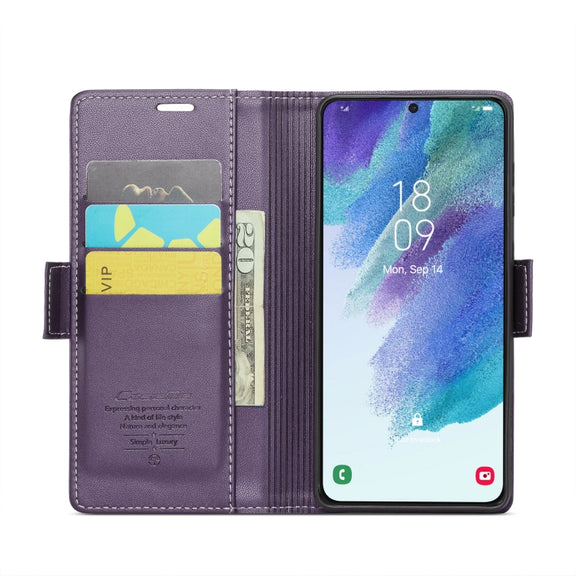 For Samsung Galaxy S21 FE 5G CaseMe 023 Butterfly Buckle Litchi Texture RFID Anti-theft Leather Phone Case(Pearly Purple)